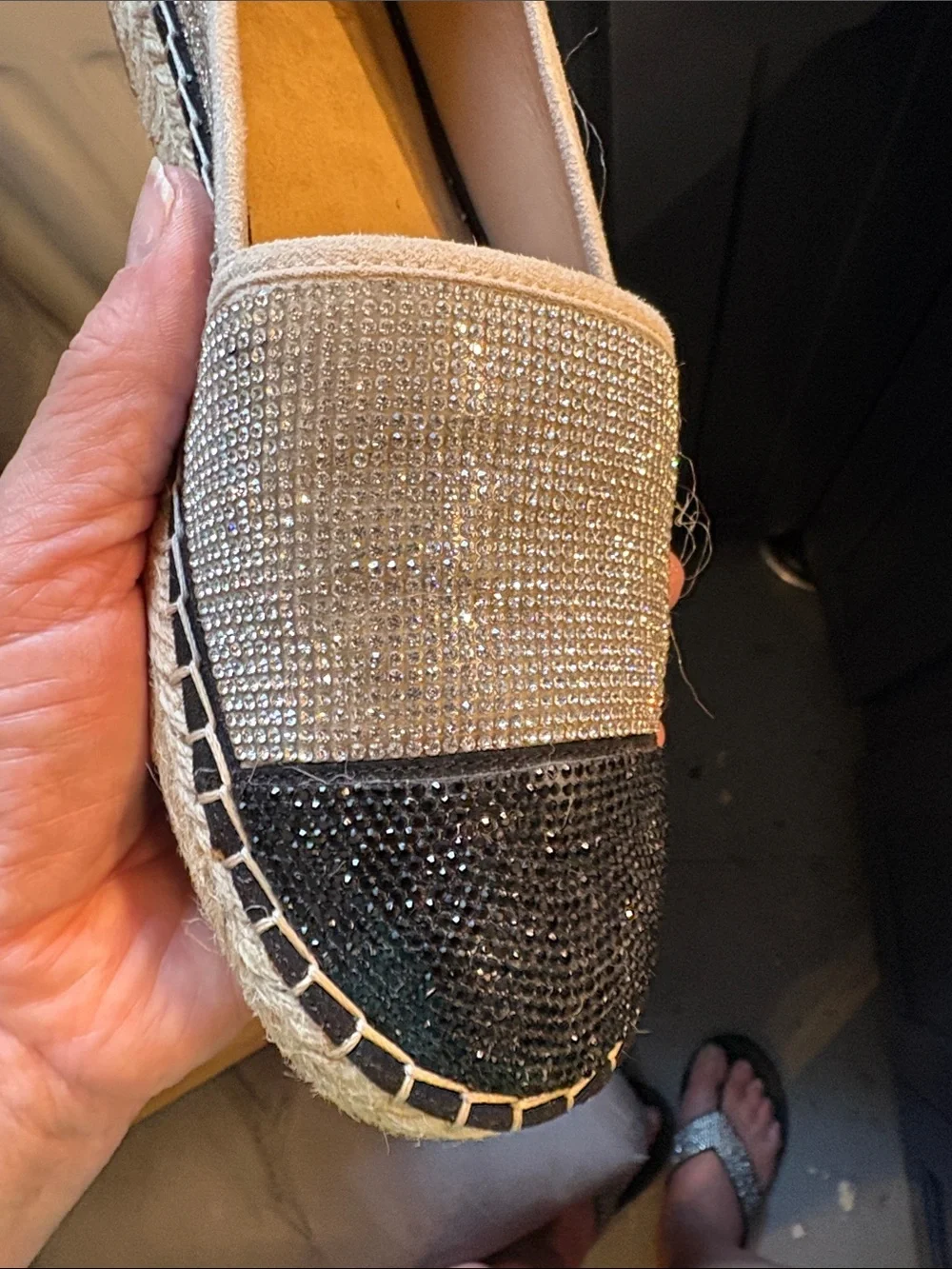 INC International Concepts Black & Silver Crystal Espadrille Slip-Ons